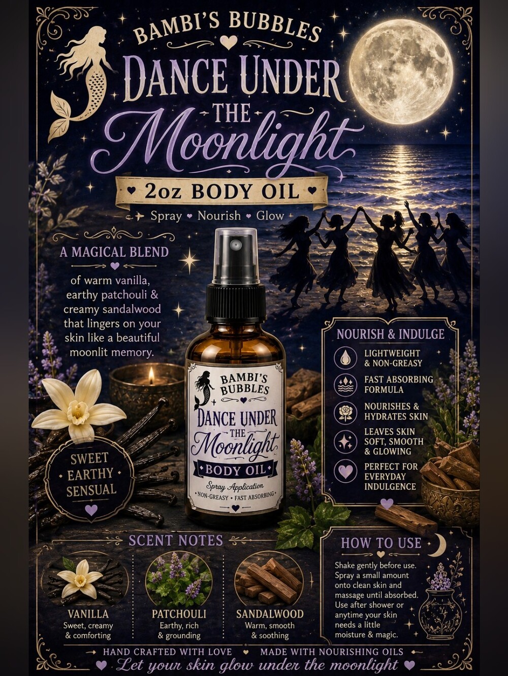 New! Bambis Bubbles Dance Under the Moonlight 2oz Body Oil